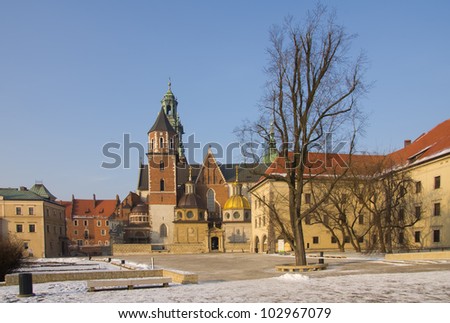 The Cathedral of Royal Wawel Castle against sky during winter time, Krakow, Poland