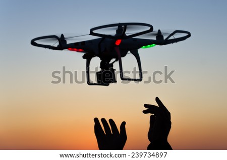 ITALY-OCT.30: DJI Phantom quadcopter flies against a beautiful sunset in the background  on the 30th of october ,2014 in italy. Quadcopter market is expected to pass the 20 billion in the 2020.