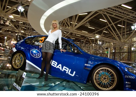 Bologna Italy December 6 Blonde Hostess Near A Subaru Impreza Rally 