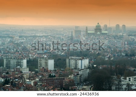 aerial view of Brussels, Belgium. graduated colored filter used to give mood to the photo.