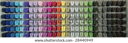 Colored slippers displayed in a shop in Sao Paolo, Brazil.Panorama image
