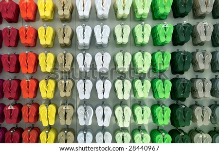 Colored slippers displayed in a shop in Sao Paolo, Brazil