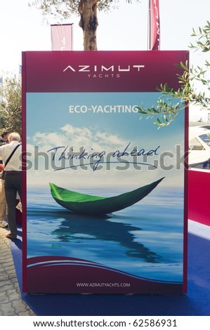 GENOA - OCTOBER 7: the 50th edition of the annual boat\'s show is taking place until the 10 of october. Azimut advertisement of clean energy engine, 07 october 2010 in  Genoa  , Italy