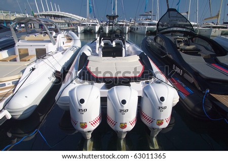 GENOA, ITALY  - OCTOBER 7: the 50th edition of the  boat\'s show. Here a fast a fast hard rubber dinghy with powefrful engine, 07 october 2010 in  Genoa  , Italy
