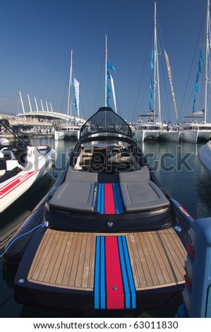 GENOA, ITALY - OCTOBER 7: the 50th edition of the annual boat\'s show. Here a fast a fast hard rubber dinghy with powefrful engine, 07 october 2010 in  Genoa  , Italy
