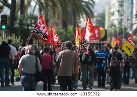 NICE, FRANCE - OCTOBER 16: French workers strike against pension reform in promenade des anglais, Nice the 16 of october 2010, France