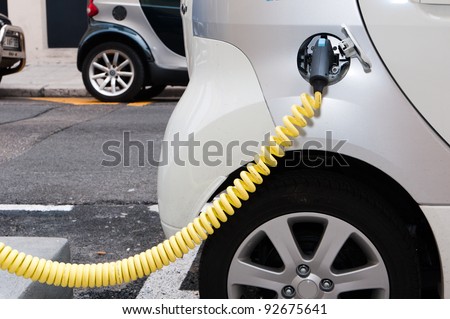 NICE - APRIL 29: Electric cars at a charging station in the French city of Nice on April, 29 2011, in Nice France.