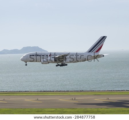 HONG KONG - May 28: Air France Airbus 380 arrive in Hong Kong International Airport on May 28, 2014 in Hong Kong. Air France is the French flag carrier headquartered in France.