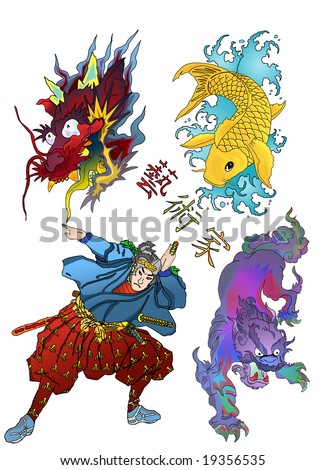 stock photo Colored Asian tattoo characters in vector format