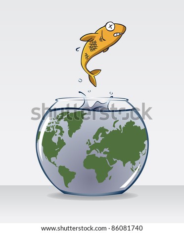Image of fish jump out of fish bowl with dirty water and world map on it. The fish bowl is an analogy of dirty earth