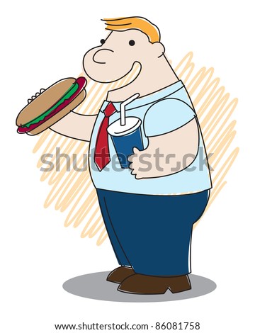 Fat man in office outfit standing and eating junk food as hotdog and coke. All is in fun and kid drawing style