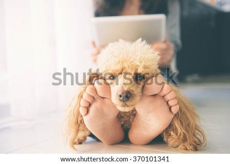 Young women is resting with a dog on the floor at home and using tablet .