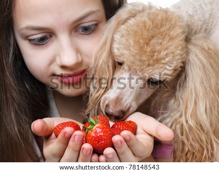 girl and dog ,a child with fruit, Girl with fruit