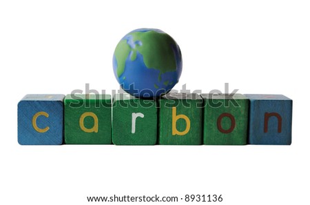 the word carbon in green and blue block letters with a simple globe on top isolated on white