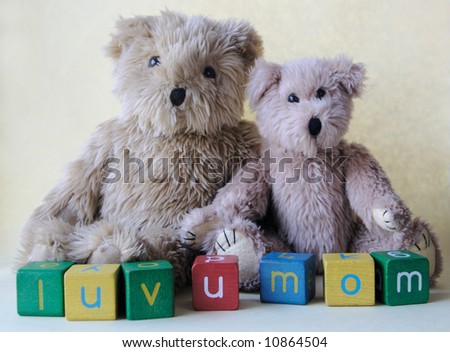 two much-loved teddy bears with colorful blocks spelling \'luv u mom\'