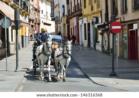 CORDOBA, SPAIN - MAY 20 2012: A horsed carriage rides in the narrow street of the ancient white town Cordoba, Spain on May 20 2012.