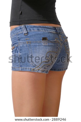 stock photo Girl in blue jeans short shorts isolated on white background