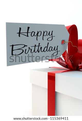 White gift boxes with red ribbons and a Happy Birthday tag