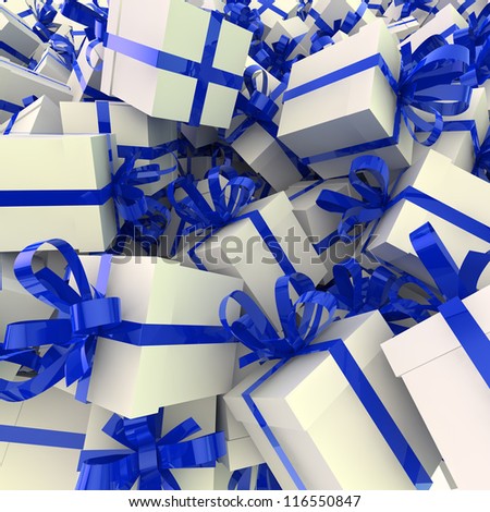 white gift boxes with blue ribbons