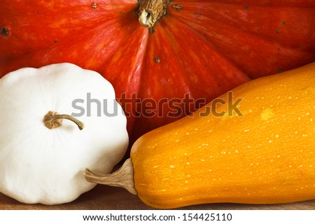 Fresh vegetables, pumpkin, vegetable marrow and bush pumpkin on a table