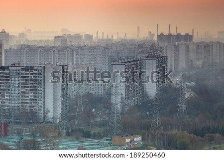 The region of ahigh-rise buildings estate in morning twilight at sunrise