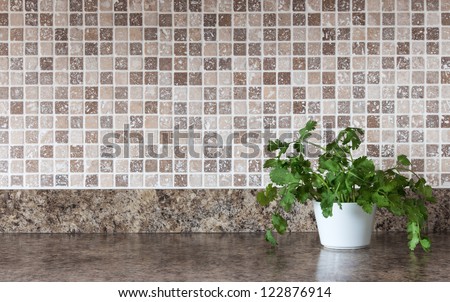 White pot with green herbs on kitchen countertop.