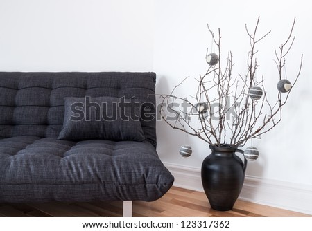 Gray sofa and simple winter decorations in the living room.