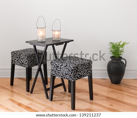 Table For Two Decorated With Lanterns. Simple Design.