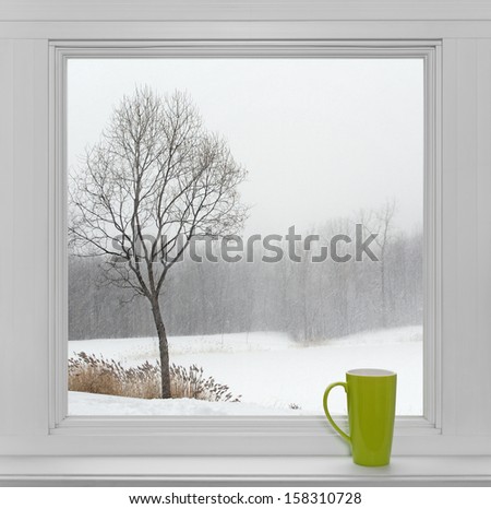Green Teacup On A Windowsill, With Winter Landscape Seen Through The Window.
