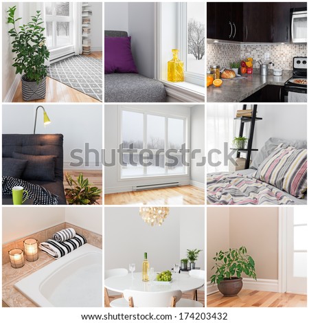 Modern home. Living room, dining room, bedroom, kitchen, bathroom. Collection of 9 images.