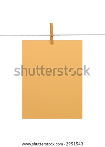 Orange blank paper sheet on a clothes line. Isolated on white background. Contains two clipping paths: 1) paper, clothes line and clothespin; 2) paper only