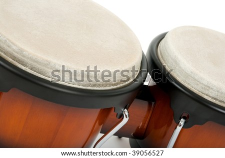 Close-up of bongos on white background. Latin percussion instrument.