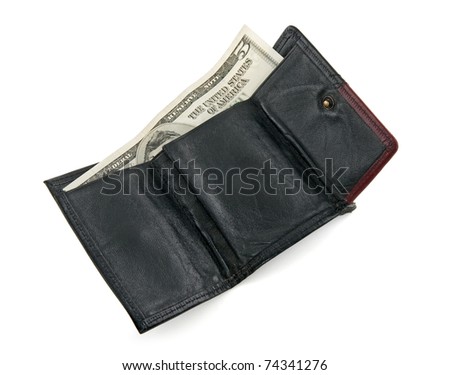 Five dollar bill in a black wallet, isolated on white background.