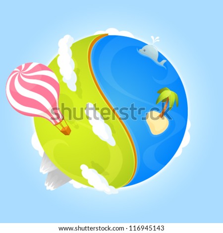 colorful illustration of a cute small planet with ocean and green landscape with mountains and air balloon