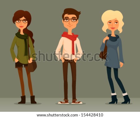 Cute And Funny Cartoon Illustration Of Young People With Hipster Fashion