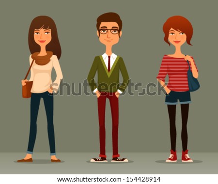 Funny Cartoon Illustration Of Young People With Hipster Fashion Style