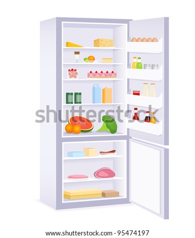 raster illustration of a modern refrigerator with food