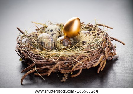 Eggs in nest on table, single gold egg