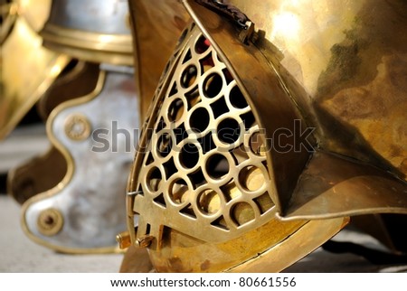 a detail of a ancient roman helmet