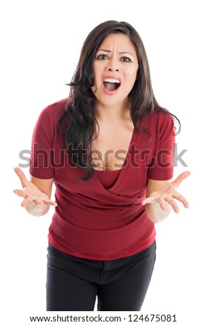 Beautiful Hispanic woman with angry expression isolated on a white background