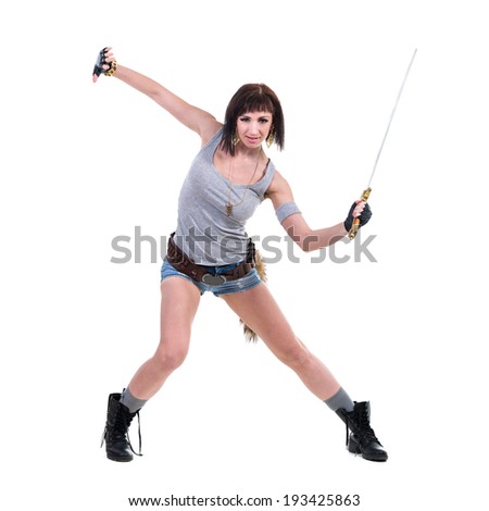 young warrior woman holding sword, isolated on white background in full length.