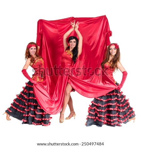 Three flamenco dancer posing on an isolated white background in full length