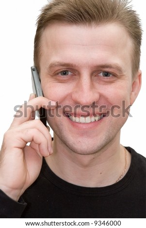 smiling man with mobile phone on a white background