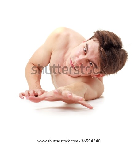 Help me. Young man on a white background.