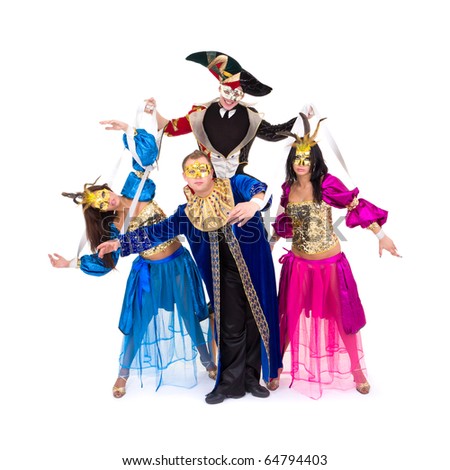 Puppets. Dancers in carnival costumes posing on a white background