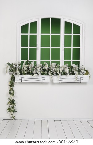 window is ready for your scene with flowers in the room which is covered wooden floor