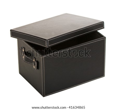 fancy open black leather box over white background