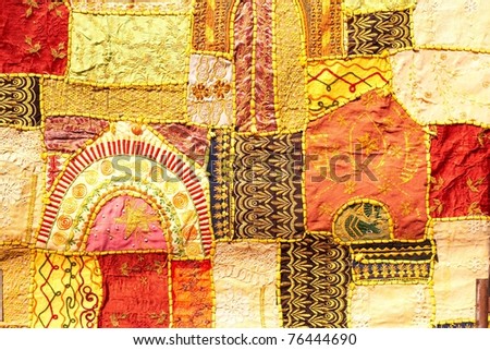 Indian patchwork wall cloth on market, India