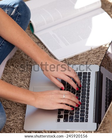 girl working distant and receives education on the computer