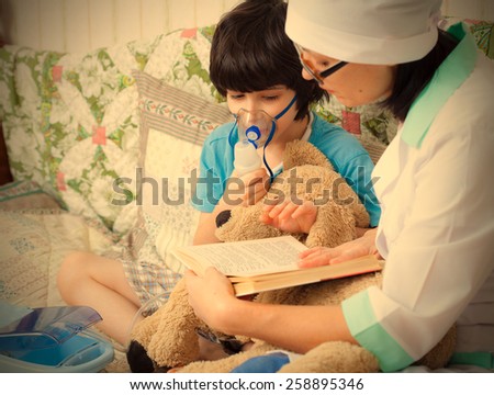 family doctor spends boy inhalation session and reads him a book. instagram image retro style